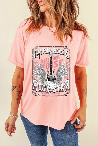 T-shirt ras du cou rose imprimé guitare Hard Rock