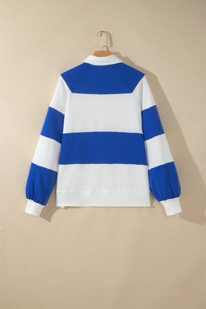 Dark Blue Striped Color Block Button V Neck Puff Sleeve Casual Sweatshirt