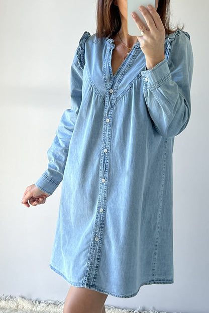 Robe droite en jean boutonnée à col en V et volants Myosotis