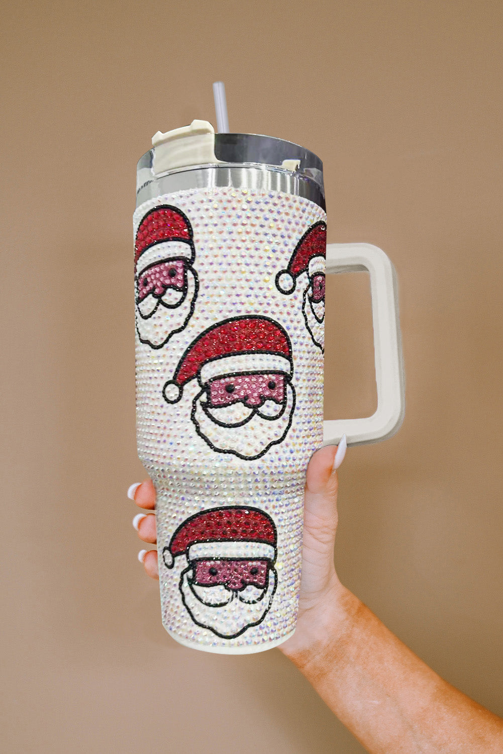 White Christmas Santa Claus Diamond Thermos Cup with Straw