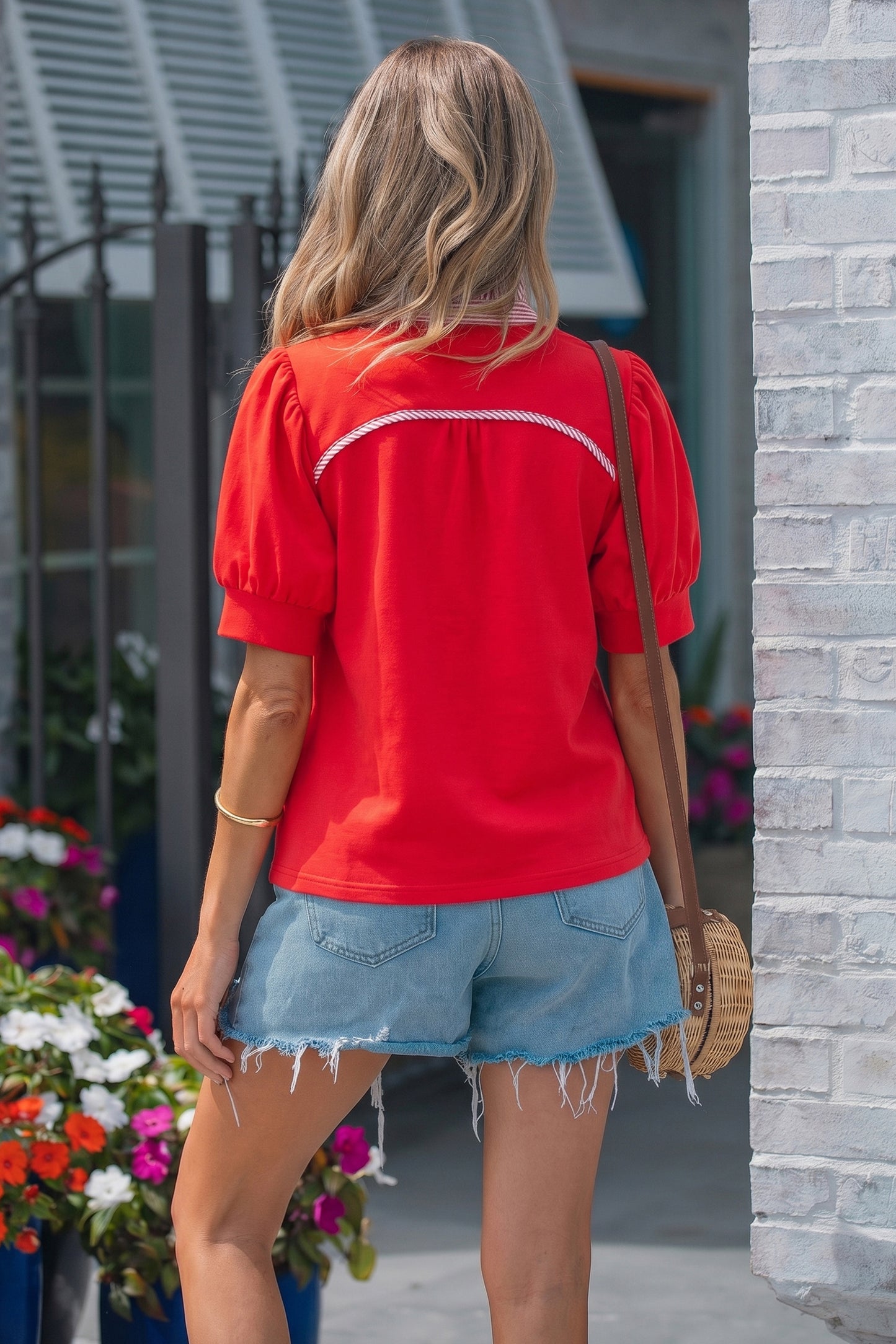 White Striped Frilled Collar Short Sleeve Blouse