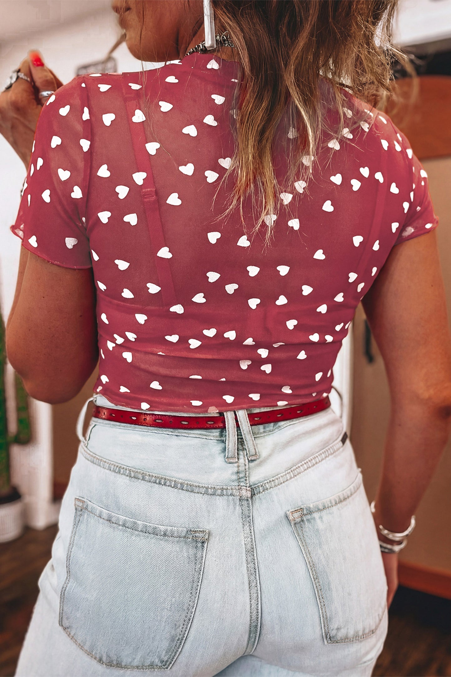 Racing Red Allover Heart Print Mesh Short Sleeve Top