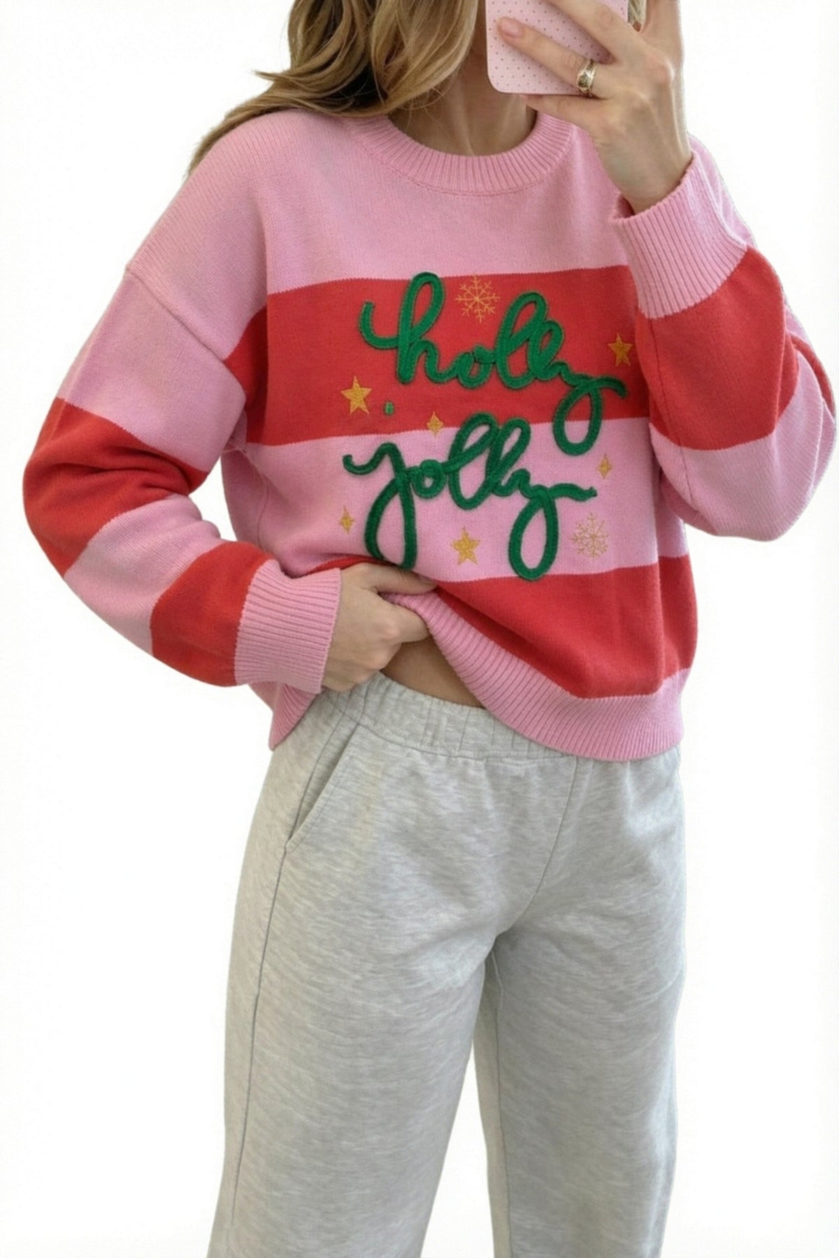 Pink Stripe Festive Holly Jolly Sequin Christmas Holiday Sweater
