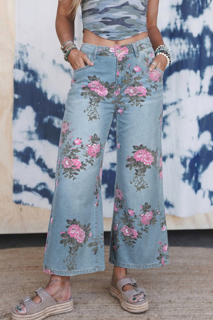 Sky Blue Garden Floral Print Bootcut Jeans