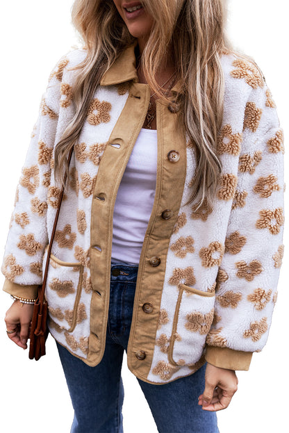 Veste polaire boutonnée à jolis motifs floraux beige clair