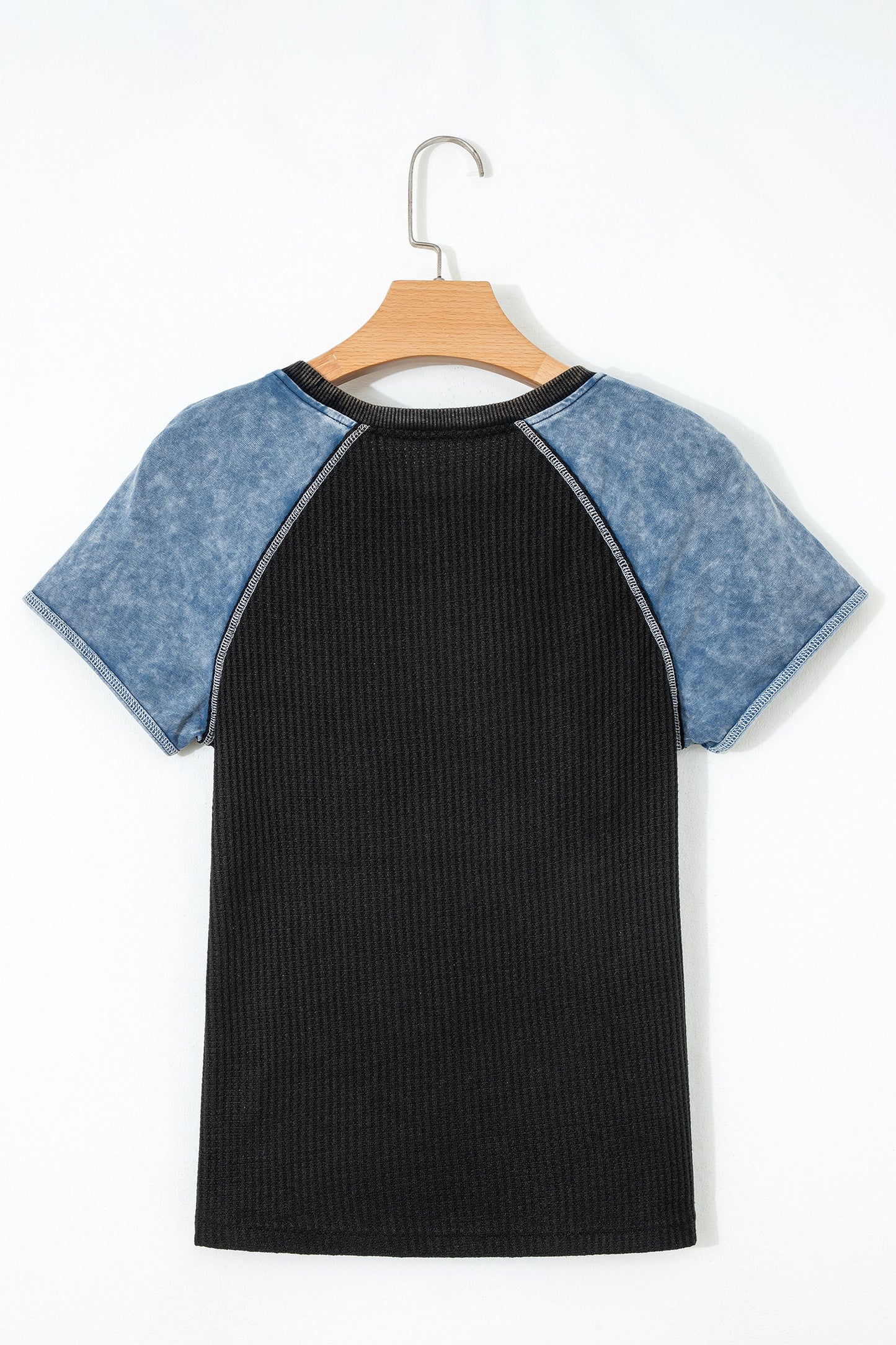 Laurel Green Waffle Knit Seam Detail Color Block Patchwork Short Sleeve Top