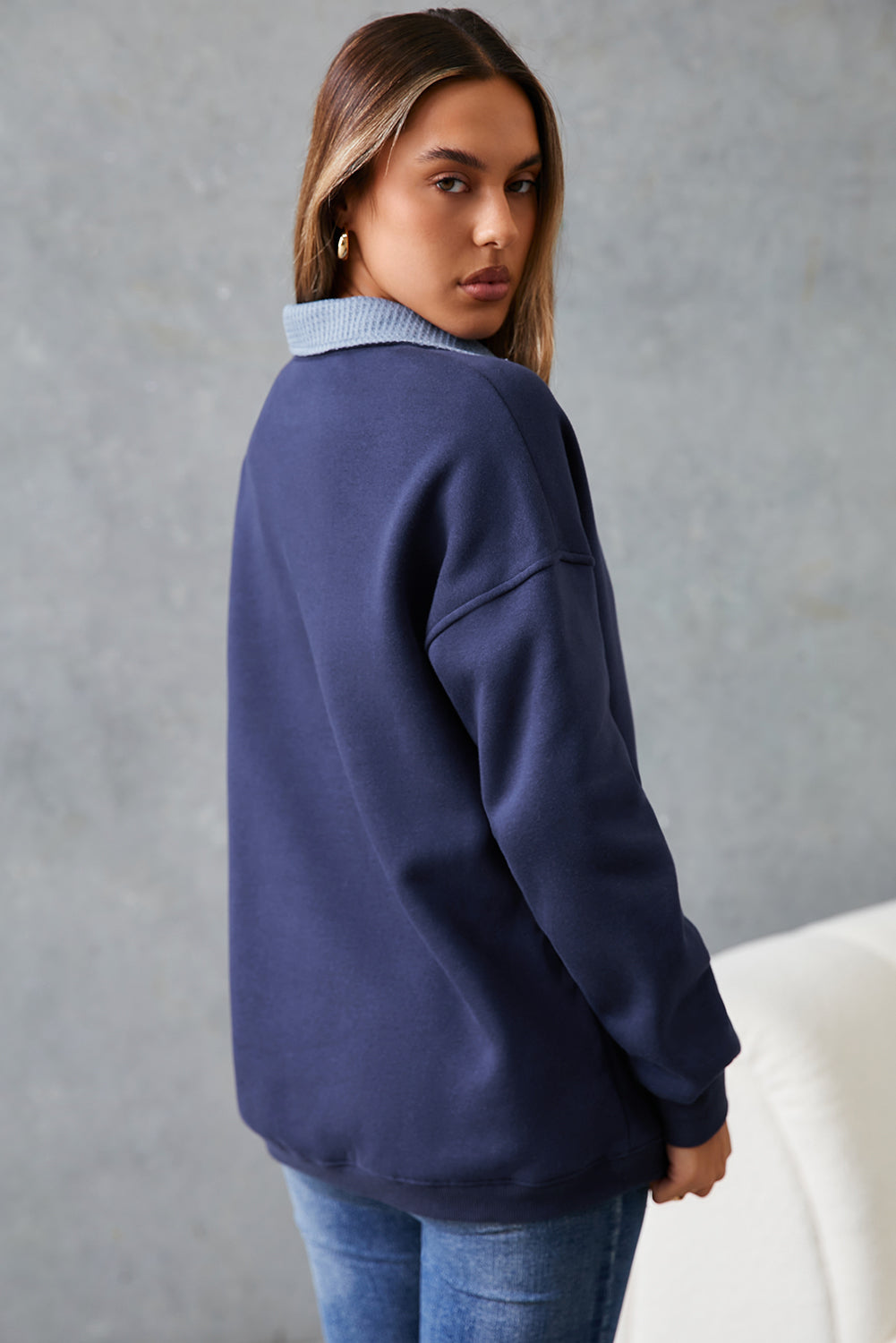 Dirty blue Drop Shoulder Metal Button Casual Pullover Sweatshirt