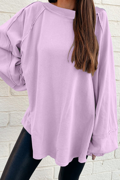 Beau Blue Solid Color Raw Seam Patchwork Baggy Sweatshirt