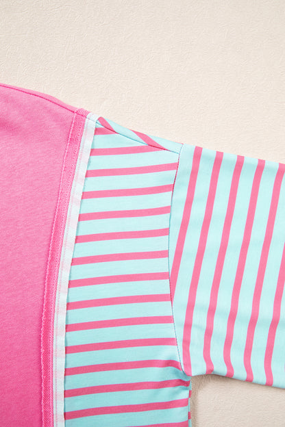 Rose Stripe Color Block Patchwork Relaxed Split Long Sleeve Top