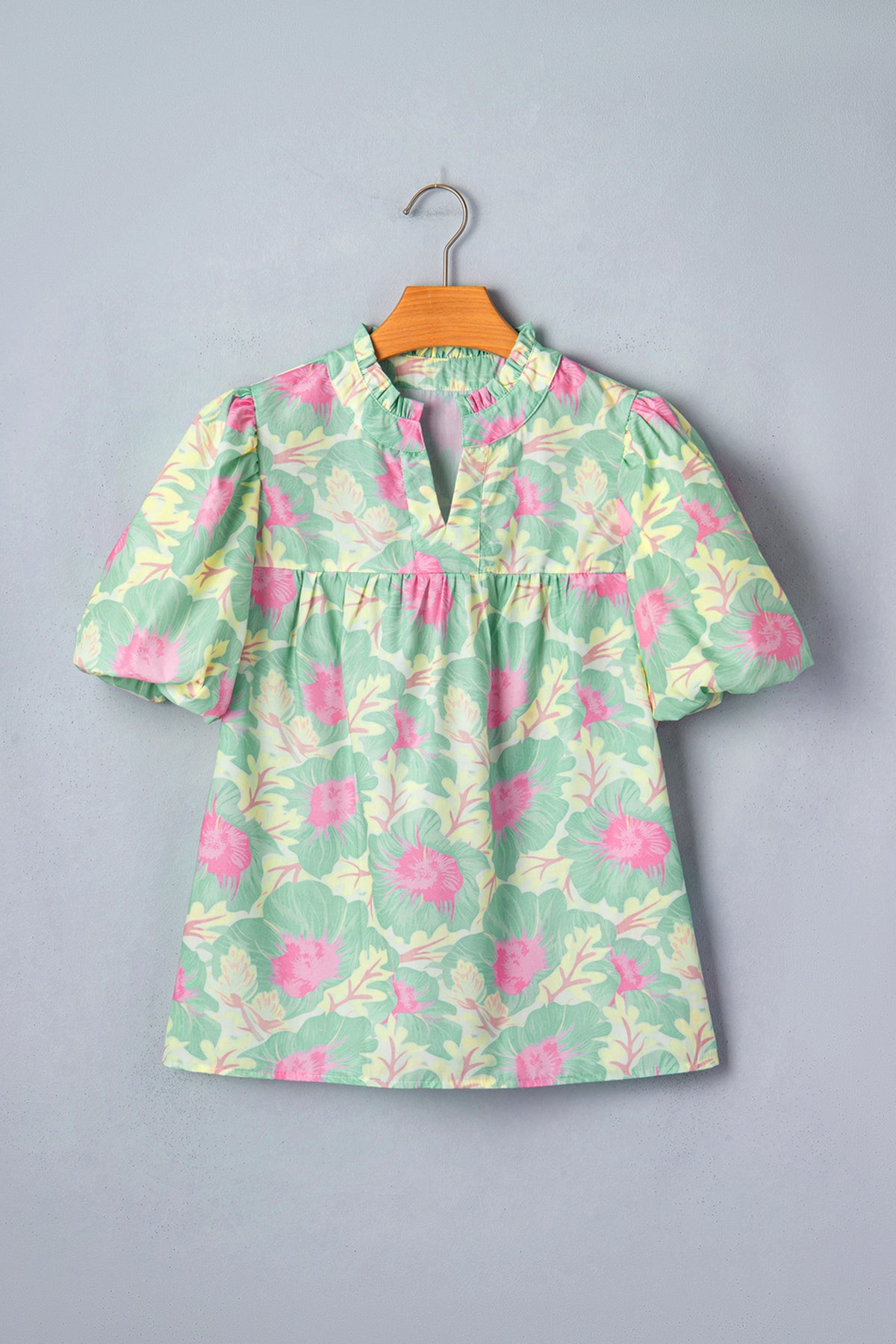 Green Short Bubble Sleeve Summer Floral Blouse