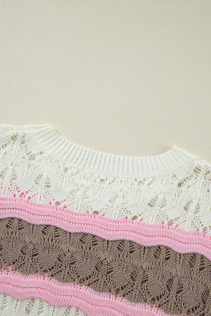 Pull à manches mi-longues en crochet ajouré à rayures marron et blocs de couleurs