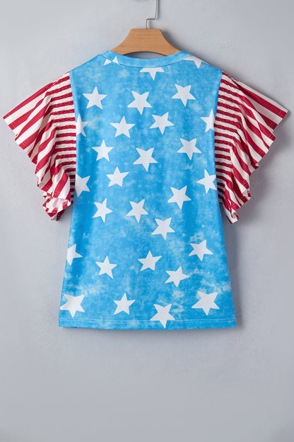 Sky Blue Vintage Star Print Striped Ruffle Sleeve Independence Day Top