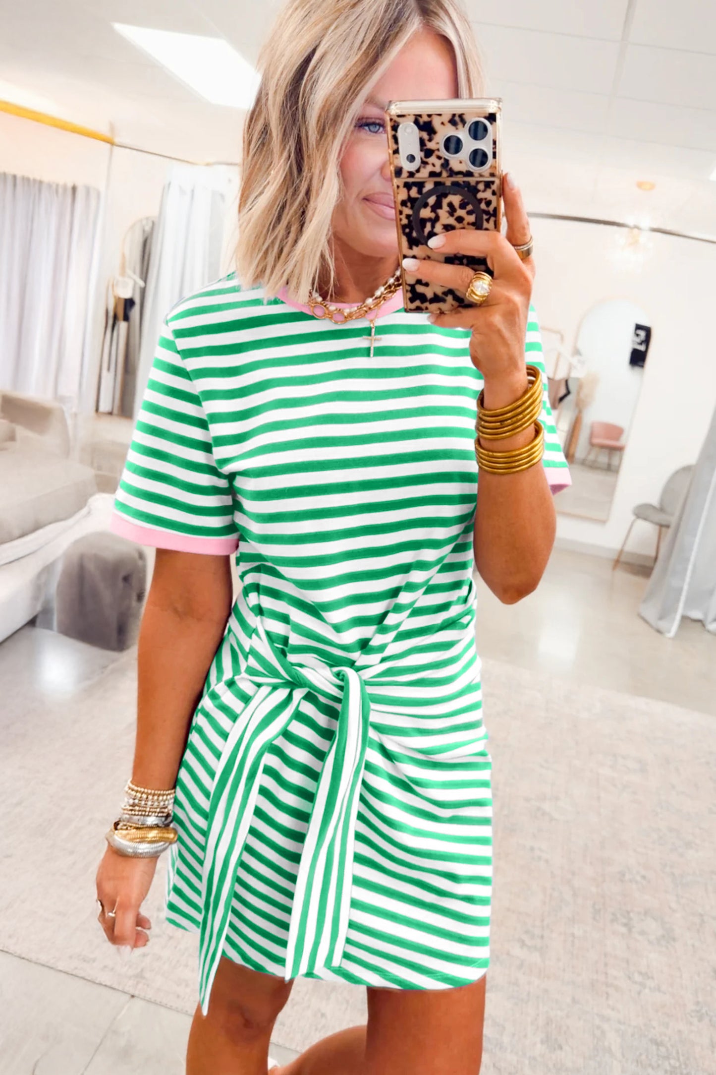 Green Stripe Nautical Tie Contrast Trim Round Neck T Shirt Mini Dress