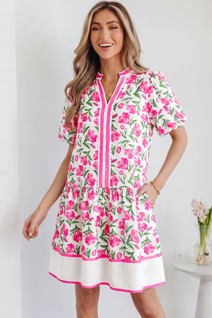 Multicolour Sweet Floral Print Striped Color Block Trim Short Dress