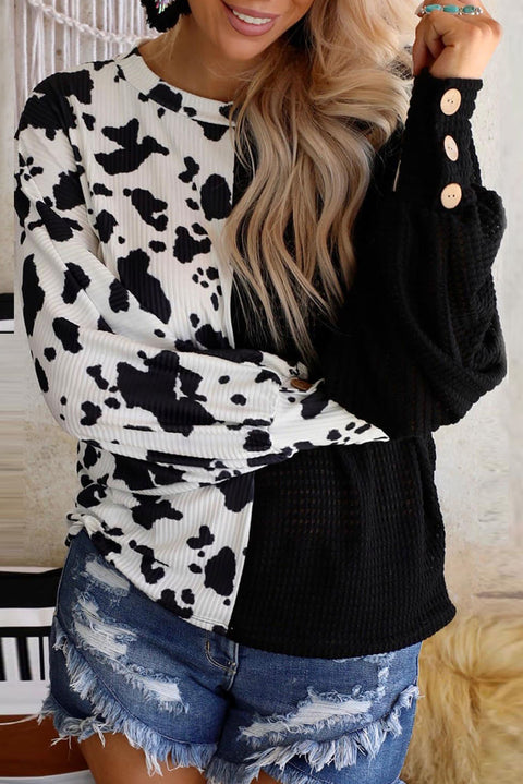 Cow Patchwork Waffle Knit Long Sleeve Top