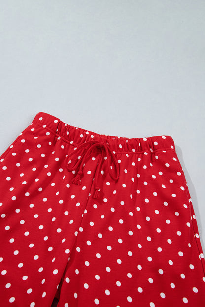 Red Polka Dot Drawstring Wide Leg Long Sleeve Top Pant Set
