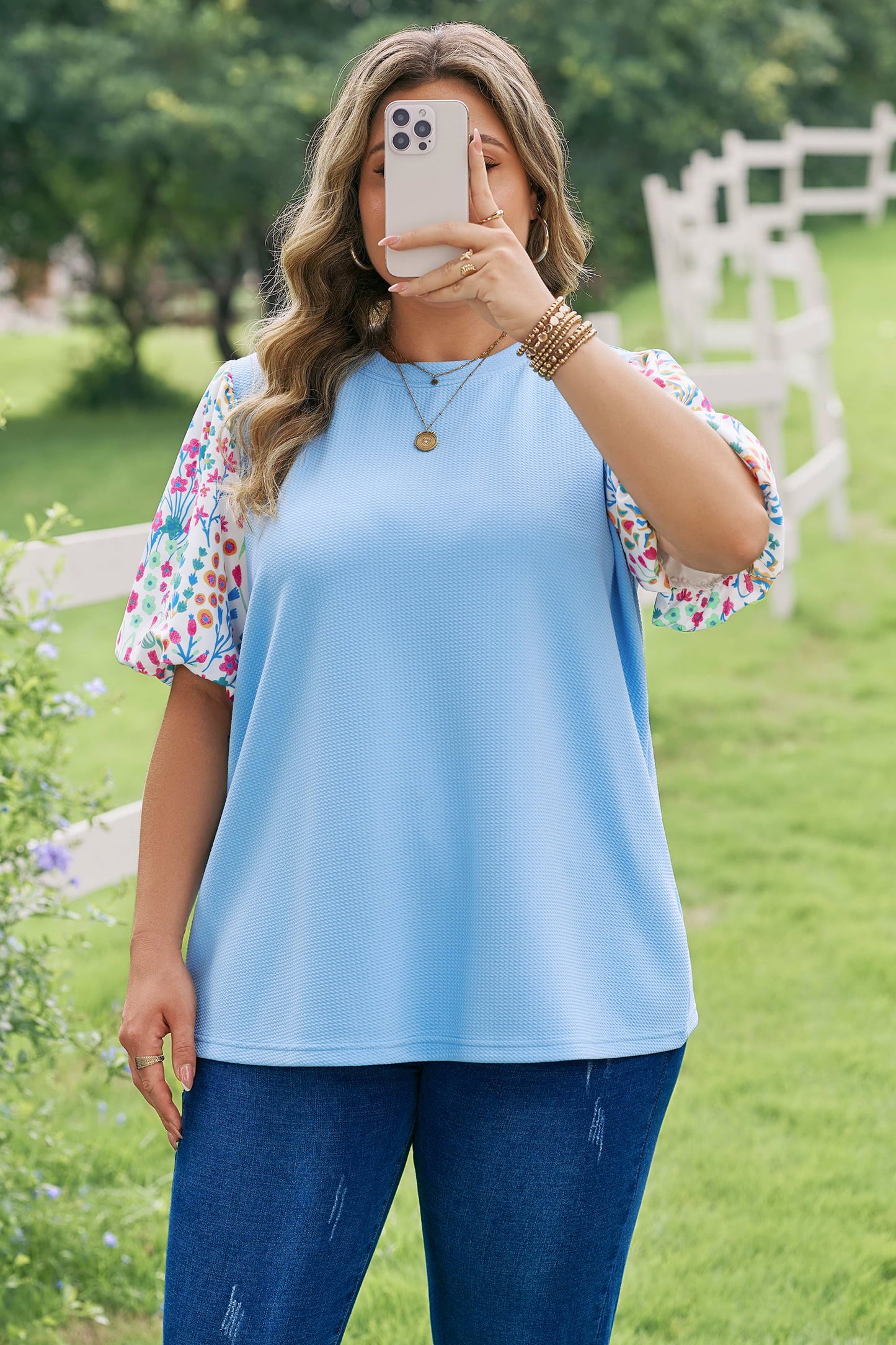 Light Blue Textured Bodice Contrast Floral Sleeve Plus Size Top