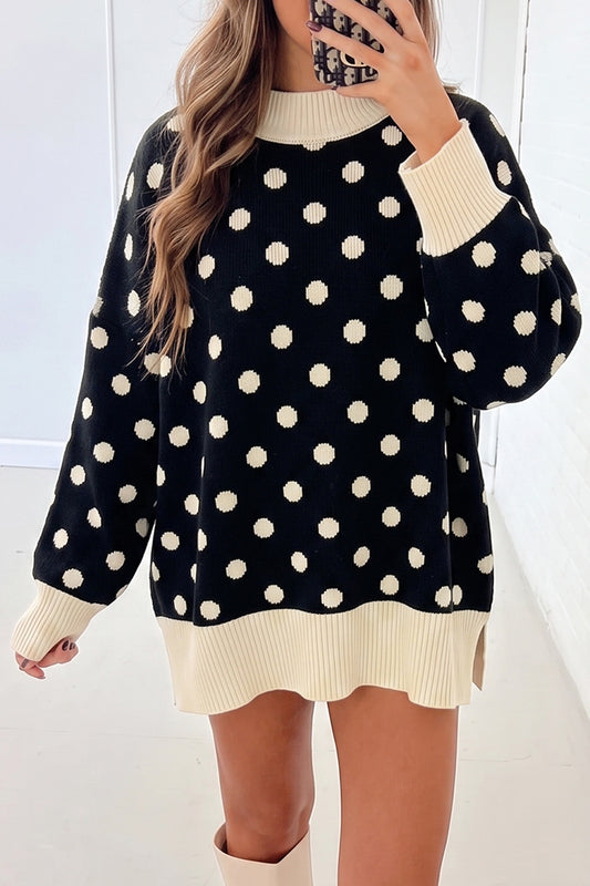 Black Polka Dot Pattern Ribbed Colorblock Trim Split Tunic Sweater