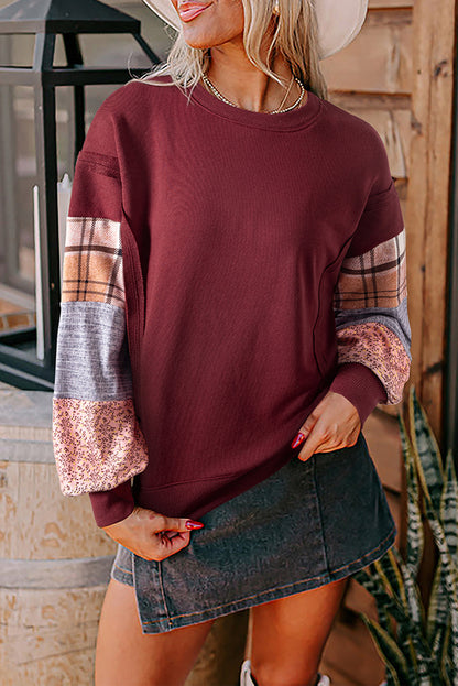 Red Sandalwood Plaid Colorblock Patchwork Sleeve Raw Seam Sweatshirt