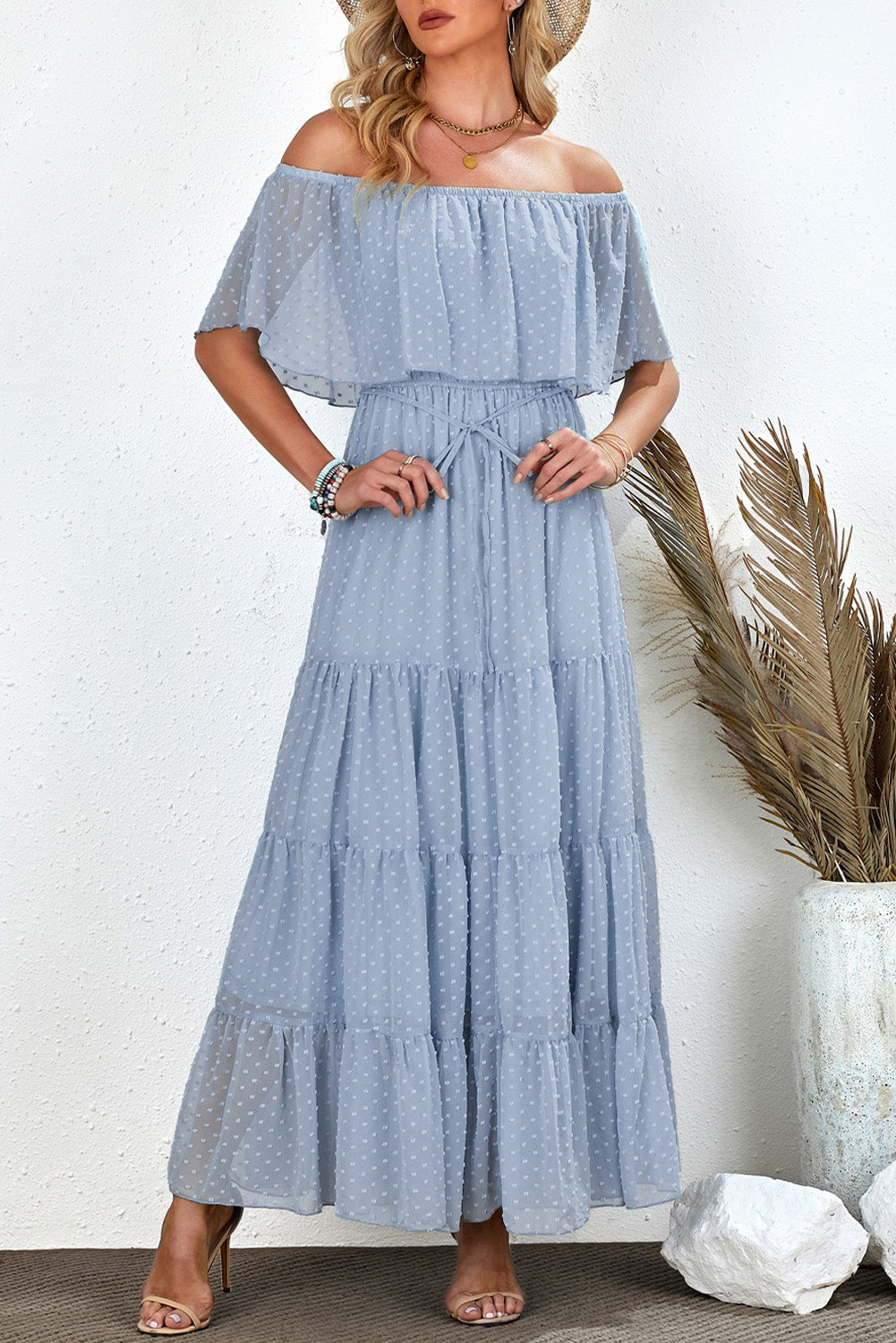 Yellow Yellow Off Shoulder Ruffle Swiss Dot Maxi Dress