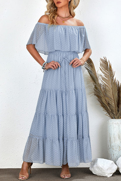 Yellow Yellow Off Shoulder Ruffle Swiss Dot Maxi Dress