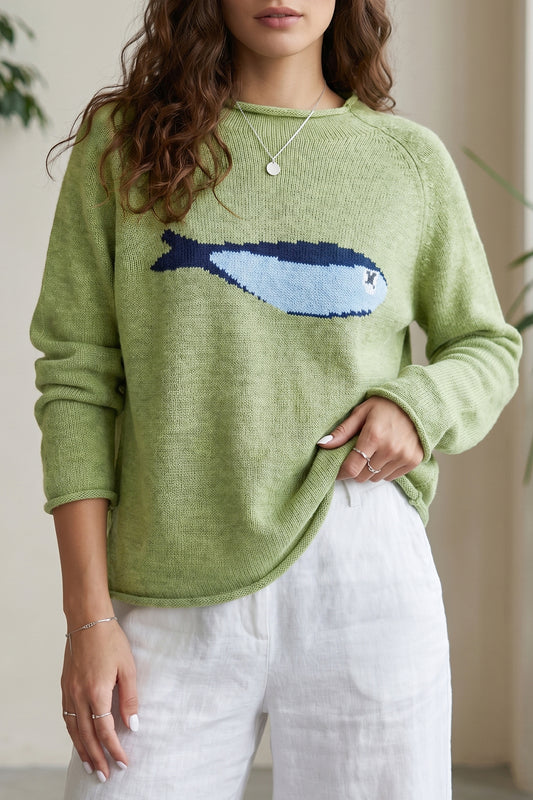 Meadow Mist Green Unique Fish Knit Oversized Round Neck Sweater