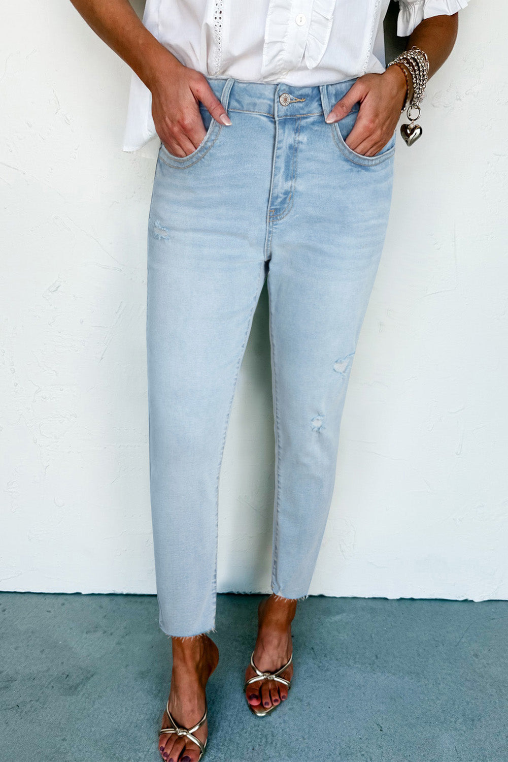Beau Blue Mid Rise Ankle-Length Distressed Skinny Jeans