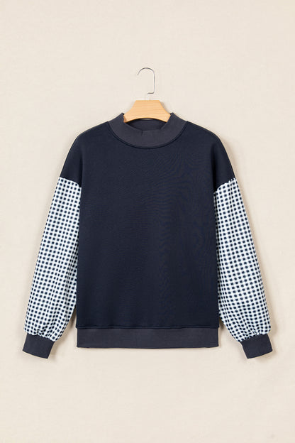 Navy Blue Plaid Sleeve Colorblock Loose Tunic Sweatshirt