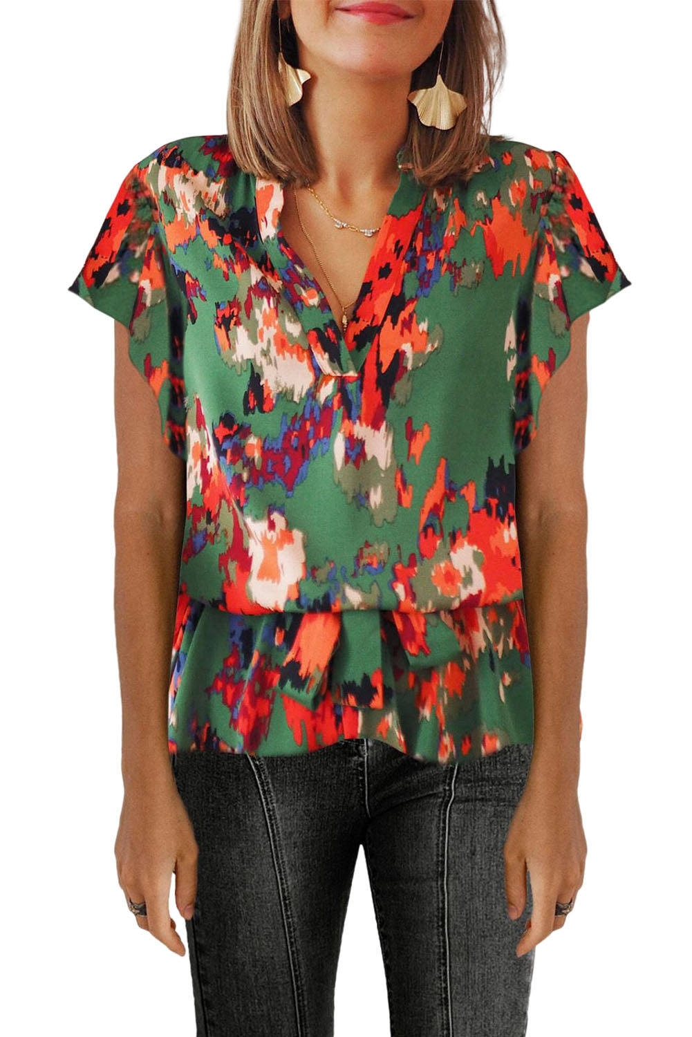 Blusa con mangas abullonadas y cuello en V con estampado de grafiti 