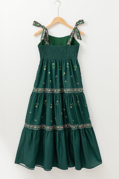 Robe longue à volants et bretelles nouées à fleurs vert noirâtre
