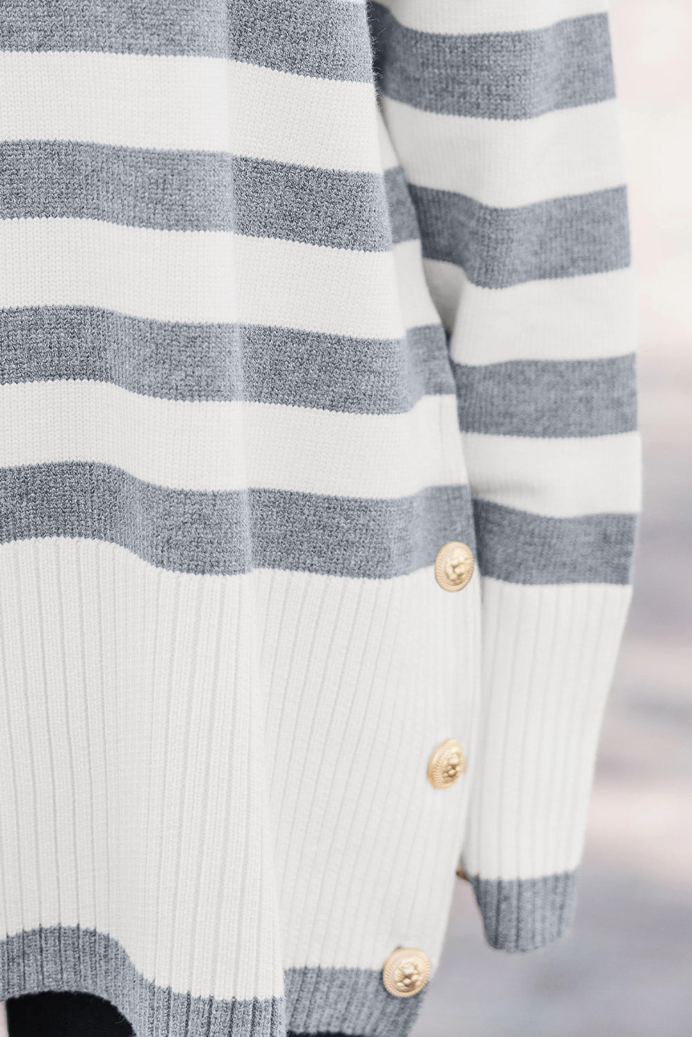 Gray Stripe Ribbed Buttoned Detail Drop Shoulder Tunic Sweater