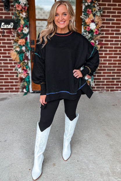 Sweat-shirt ample fendu noir à coutures contrastées