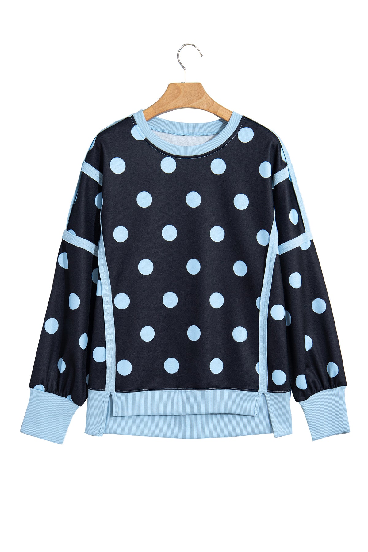 Black Polka Dot Contrast Patchwork Round Neck Baggy Sweatshirt