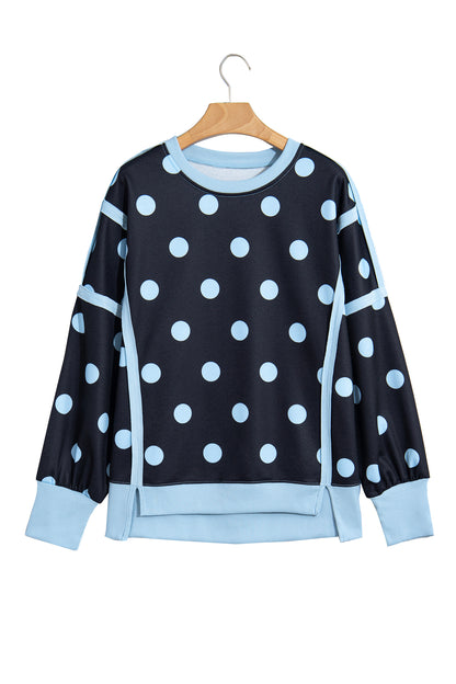 Black Polka Dot Contrast Patchwork Round Neck Baggy Sweatshirt