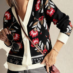 Black Floral Print Buttoned Front V Neck Knit Cardigan