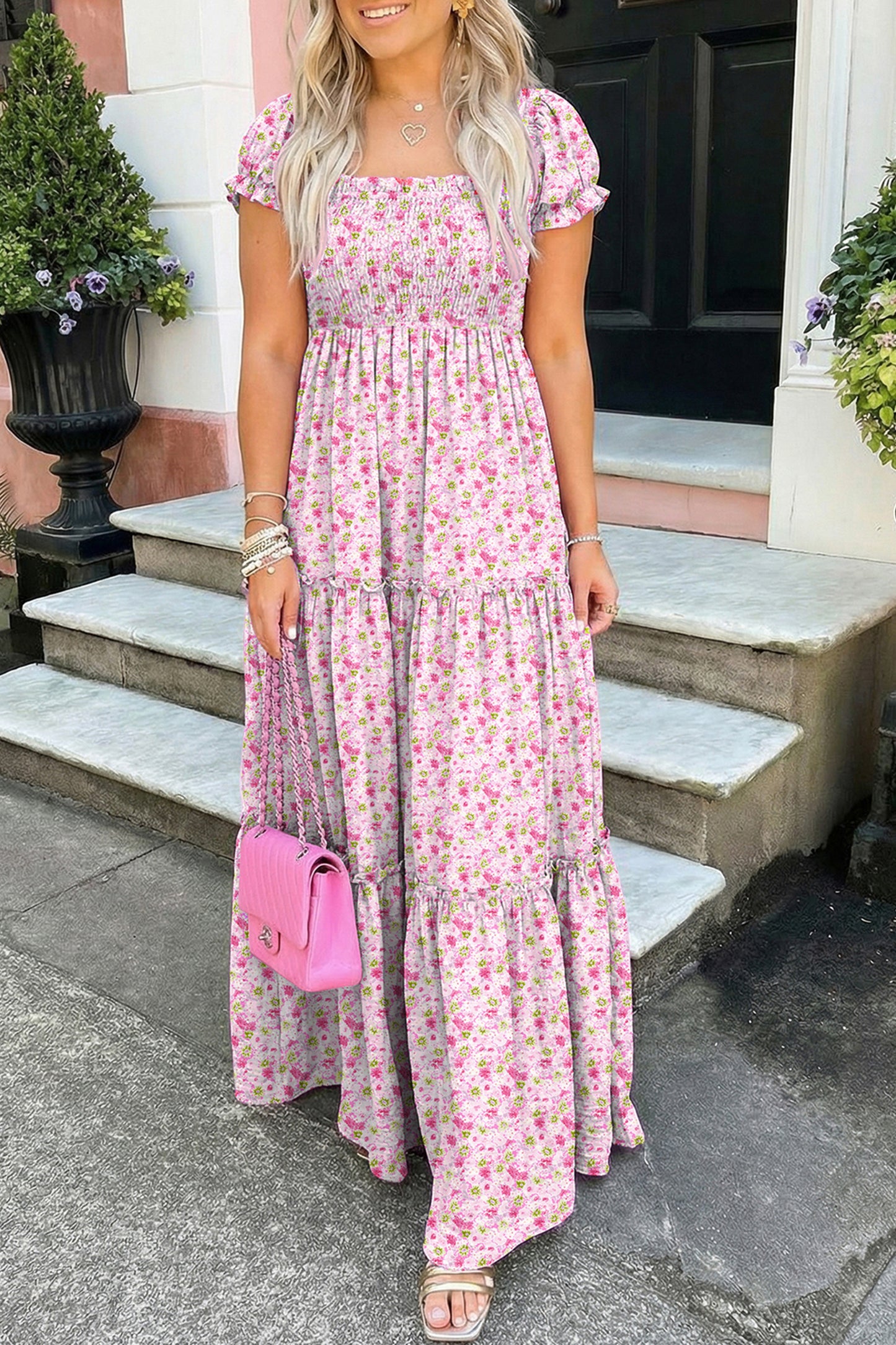 Pink Floral Short Bubble Sleeve Shirred High Waist Maxi Dress