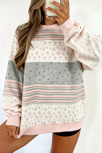 Pink Floral Mix Patchwork Tunic Pullover Sweatshirt