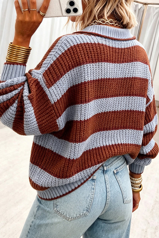 Red Dahlia Button Collar Dropped Shoulder Relaxed Pullover Sweater