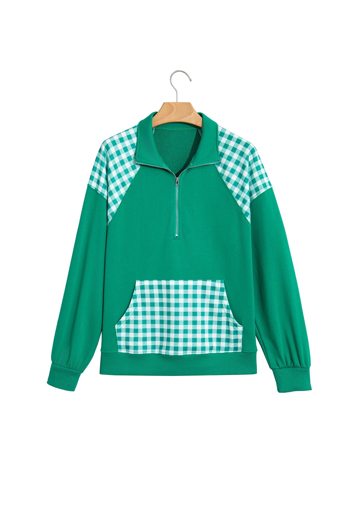 Dark Green Patchwork Plaid Pocket Quarter Zip Sweatshirt