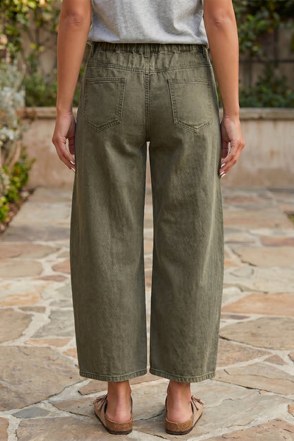 Coffee Solid Color Square Patch Pocket Ankle-length Barrel Jeans