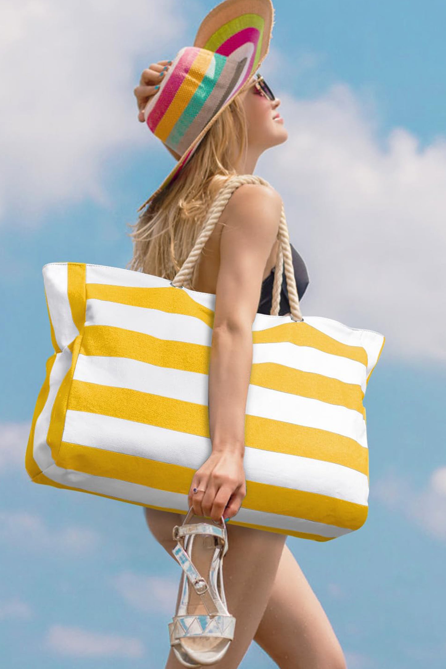 Yellow Striped Waterproof Canvas Large Capacity Tote Bag