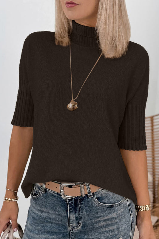 Dark Brown Ribbed Trim High Neck Short Sleeve Casual Sweater