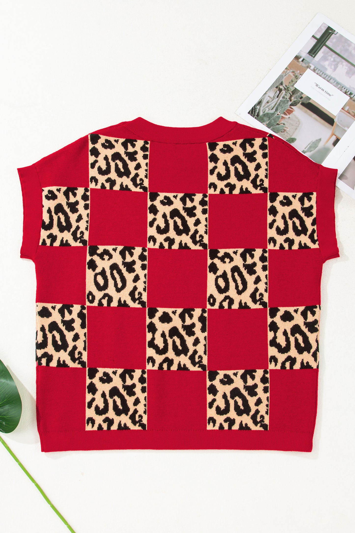 Black Leopard Checkerboard Short Sleeve Knit Sweater