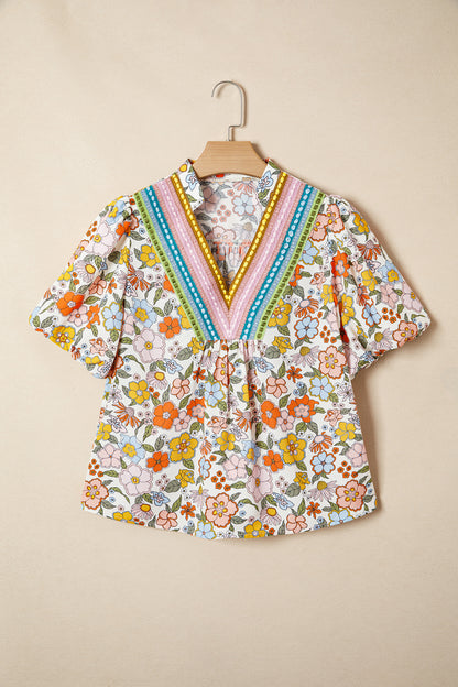 Multicolour Crochet V Neckline Puff Sleeve Boho Flower Blouse
