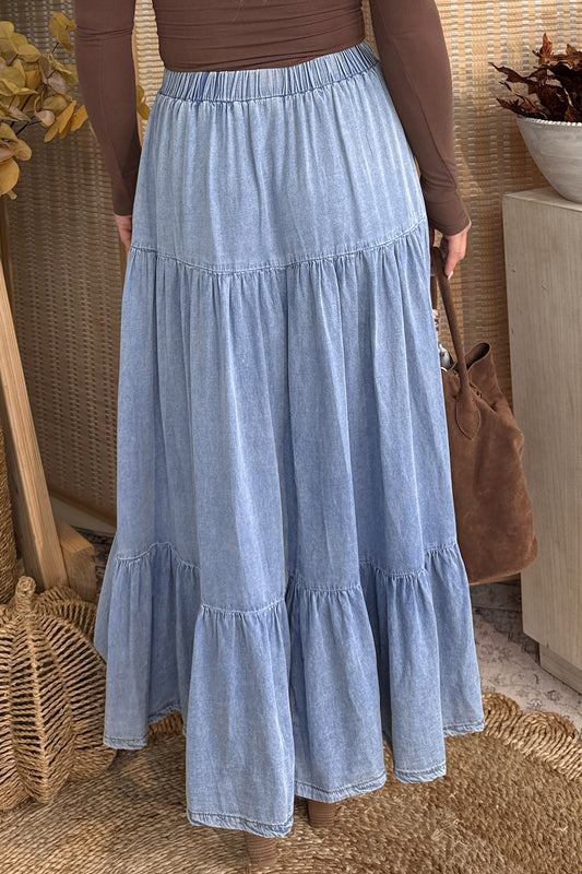 Beau Blue Elastic Waist Ruffled Tiered Flared Denim Maxi Skirt