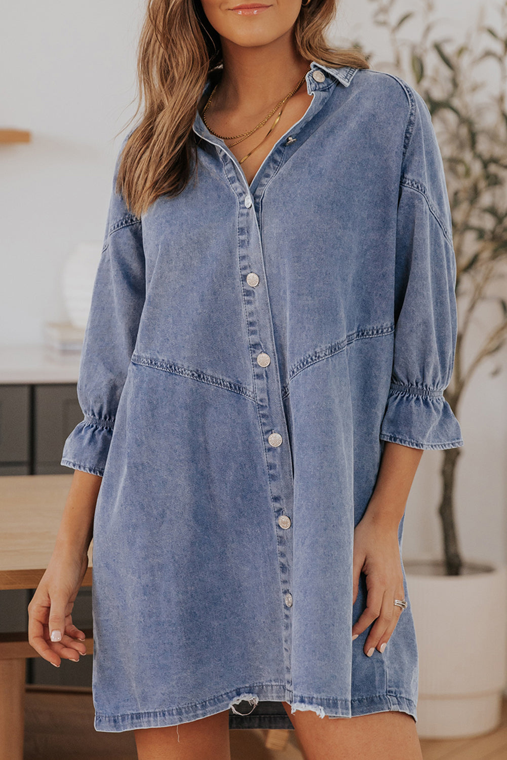 Gray Buttoned Long Sleeve Denim Mini Dress Sky Blue / M / 90%Cotton+10%Polyester Gray Buttoned Long Sleeve Denim Mini Dress Sky Blue / M / 90%Cotton+10%Polyester