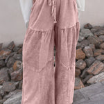 Straw Yellow Mineral Wash Tiered Wide Leg Patchwork Drawstring Pants