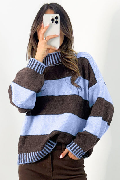 Sky Blue Stripe Contrast High Neck Dropped Shoulder Relaxed Pullover Sweater