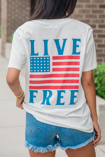 T-shirt graphique avec drapeau américain à dos blanc LIVE FREE