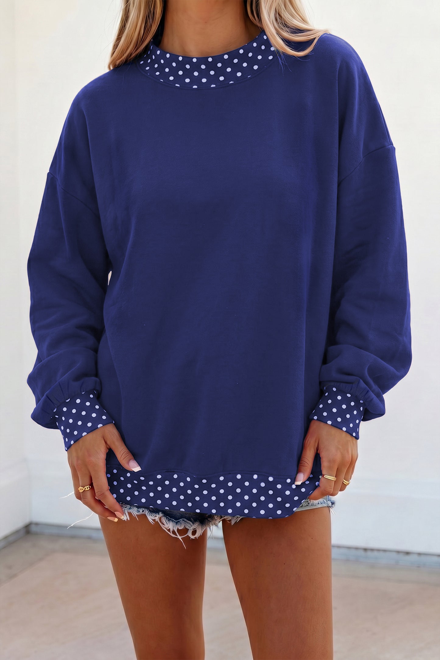 Dark Blue Colorblock Polka Dot Contrast Trim Oversized Sweatshirt